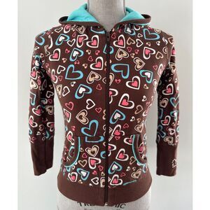 Vintage Y2k LA Kitty Brown Multi Heart Rhinestone Hoodie Jacket Top Girls 12/14